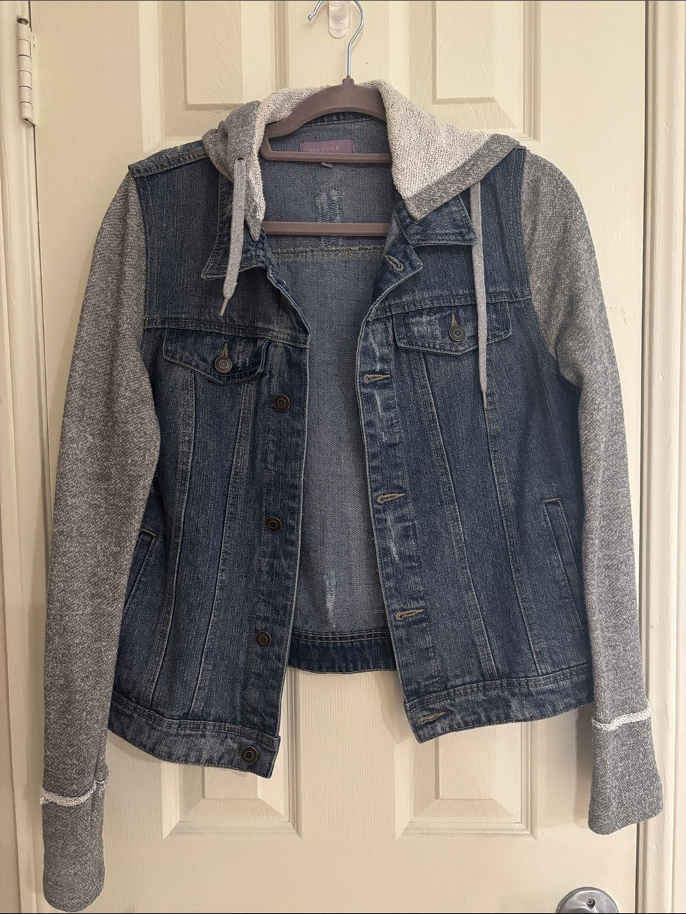 Harper Blue Denim Jacket with Gray Knit Hood & Sleeves